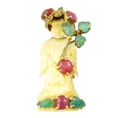 SEAMAN SCHEPPS Ivory, Ruby, Emerald And Gold Brooch