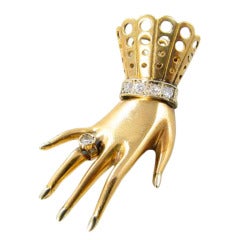 Vintage Paul Flato Yellow Gold, Platinum, and Diamond "Hand and Glove" Pendant Charm