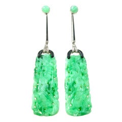 A Chic Art Deco Pair of Jade, Enamel, Diamond and Platinum Earrings A Chic Art Deco Pair of Jade, Enamel, Diamond and Platinum Earrings