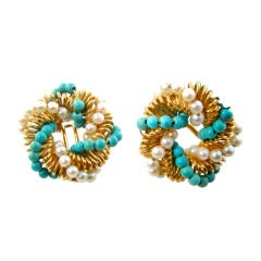 BULGARI Turquoise, Pearl and Gold Earrings.