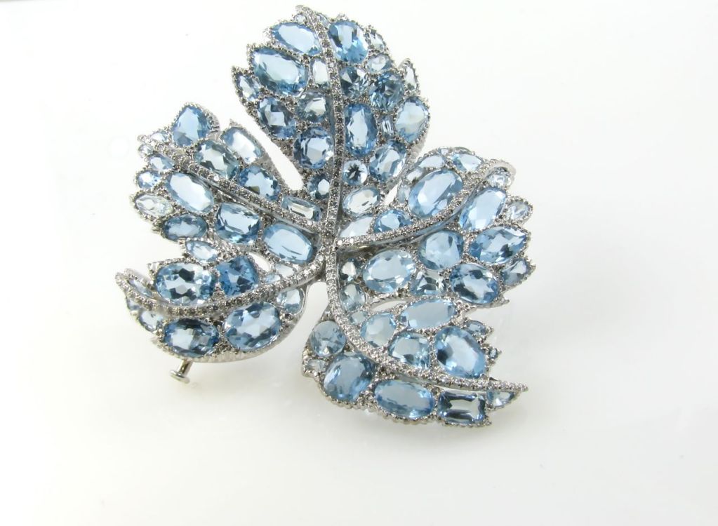 DAVID MORRIS Aquamarine and Diamond Leaf Form Brooch.