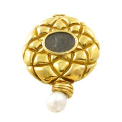 ELIZABETH GAGE Ancient Coin Brooch Set in Gold and Accented with a Pearl