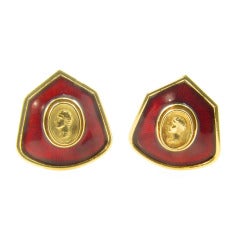 ELIZABETH GAGE Red Enamel and Gold Shield Shaped Earrings