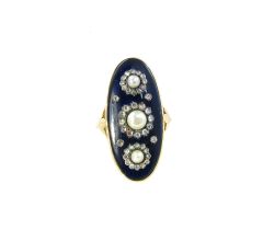 A Rare Yellow Gold, Silver, Enamel, Pearl and Diamond Ring.