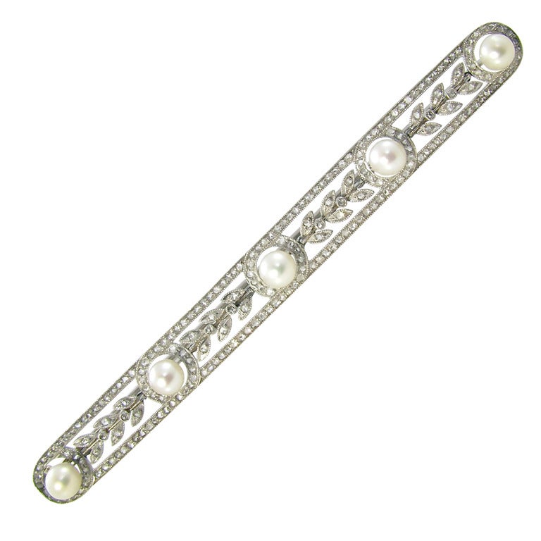 A Beautiful Natural Pearl Diamond Platinum Brooch