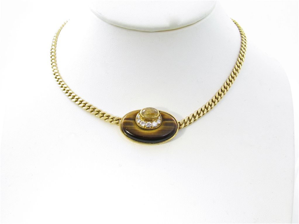 A Bulgari Tiger's Eye Diamond Yellow Gold Necklace In Excellent Condition In New York, NY