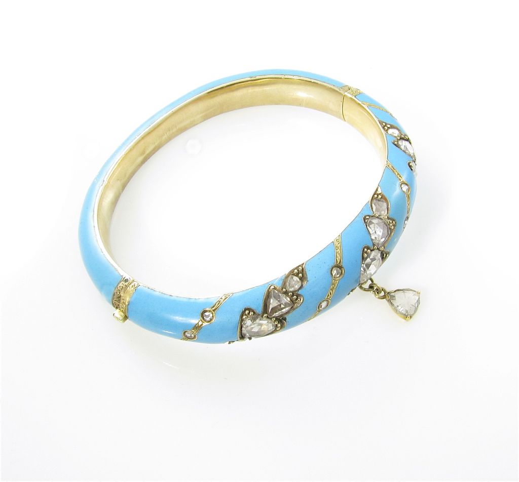 An Antique Enamel Diamond Yellow Gold Bangle Bracelet