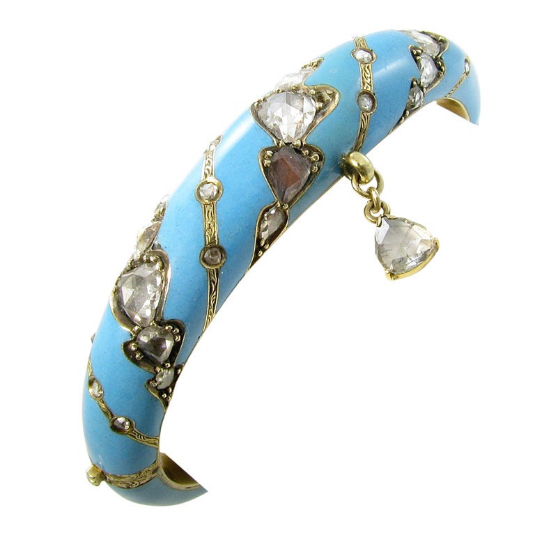 An Antique Enamel Diamond Yellow Gold Bangle Bracelet