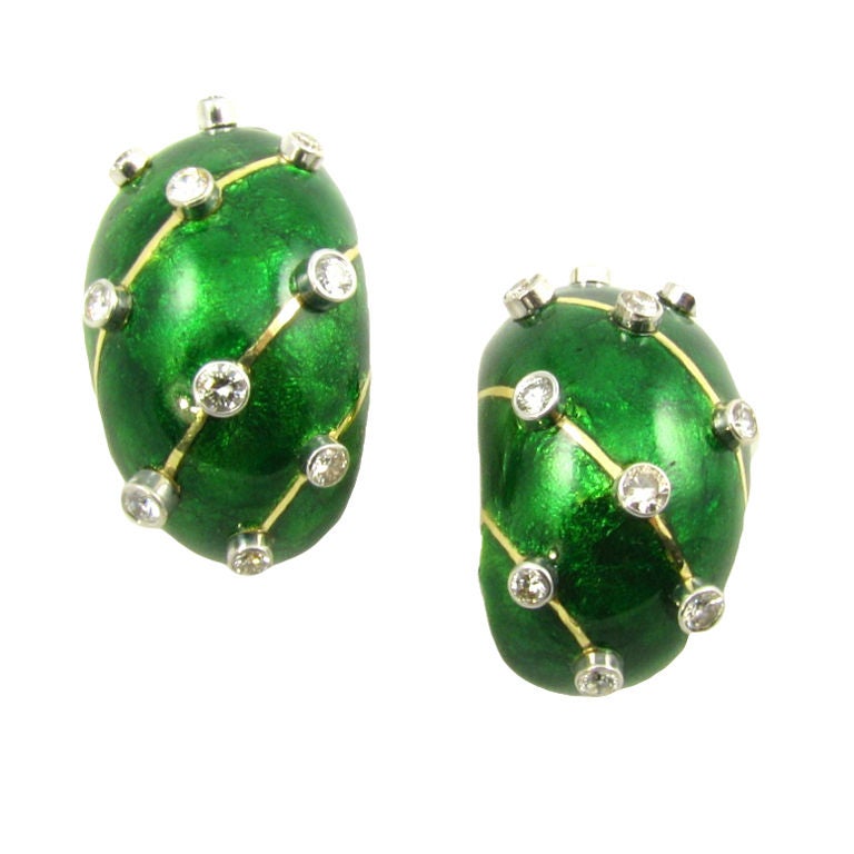 Schlumberger gold, enamel and diamond earrings