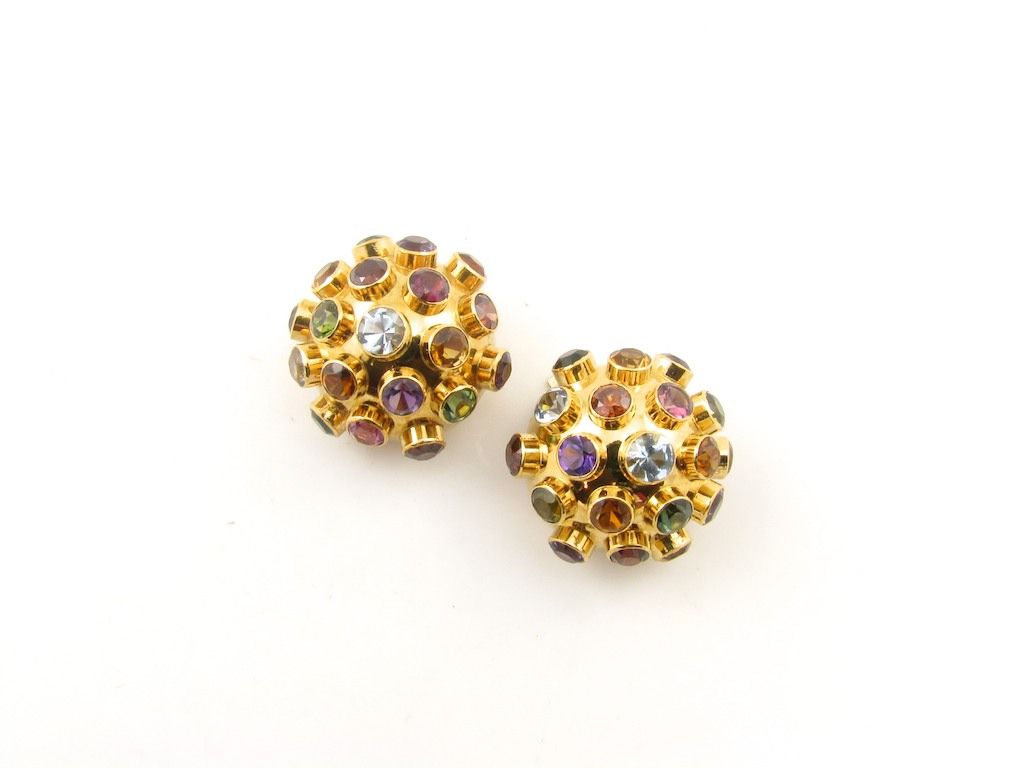 Yellow gold and multi-colored stone earrings.