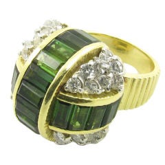 LE TRIOMPHE deep green tourmaline and diamond  bombe' ring.