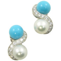 SEAMAN SCHEPPS South Sea pearl, turquoise and diamond earrings.