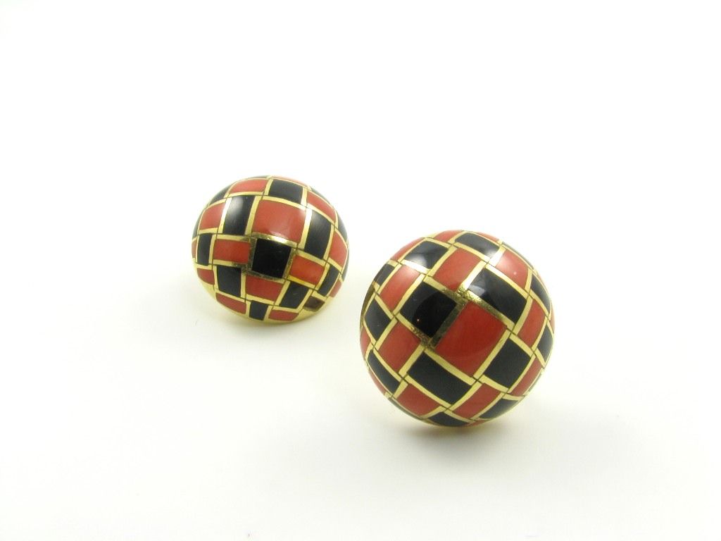 TIFFANY stunning checkerboard design coral and onyx earrings