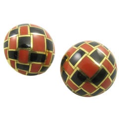 TIFFANY stunning checkerboard design coral and onyx earrings