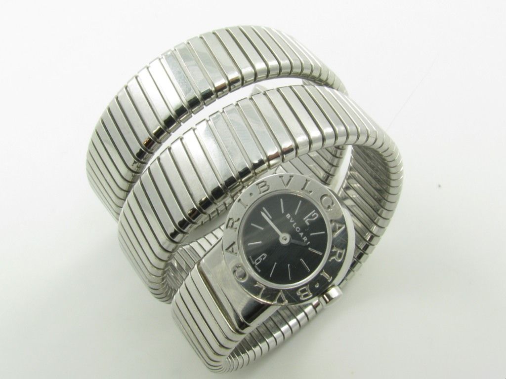 A triple wrap stainless steel tubogas ladies wristwatch.  Signed Bulgari.