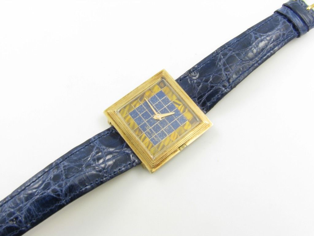 LUCIEN PICCARD gold, tiger's eye and lapis lazuli wristwatch. 1