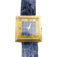 Retro LUCIEN PICCARD gold, tiger's eye and lapis lazuli wristwatch.