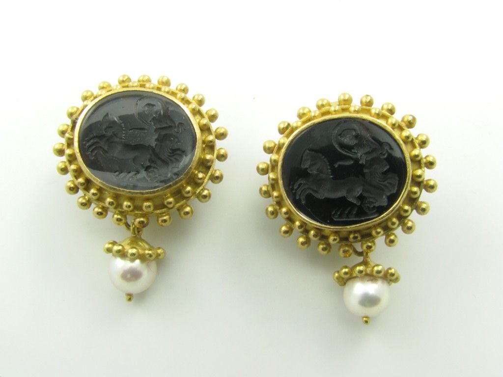 A pair of 18 karat yellow gold,  pearl and hardstone intaglio earrings.  Signed Elizabeth Locke.  The hanging pearls are removable.