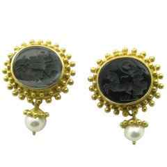 Vintage ELIZABETH  LOCKE handsome gold, hardstone and pearl earrings.