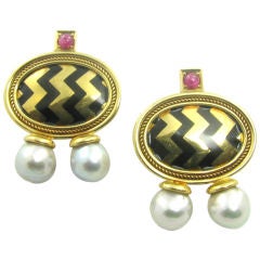 ELIZABETH GAGE stylish gold, enamel, ruby and pearl earrings