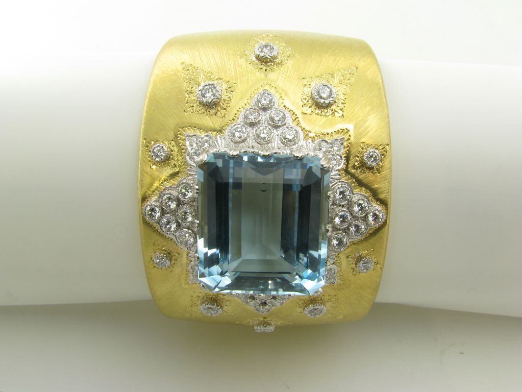 BUCCELLATI striking yellow gold, platinum, aqua and diamond cuff