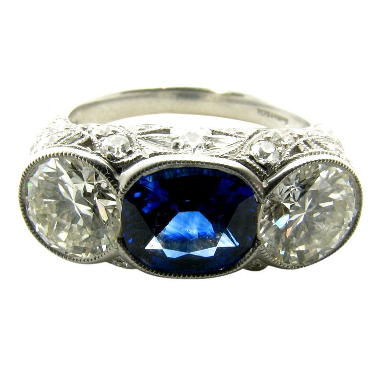 TIFFANY exquisite Art Deco platinum, sapphire and diamond ring.