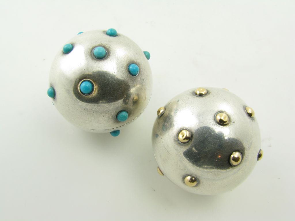 An unusual pair of silver, 18 karat yellow gold & turquoise objets.  Tiffany, Schlumberger.  France.