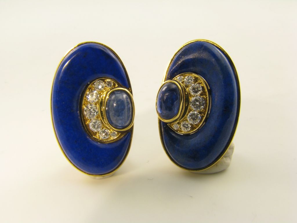 BULGARI stylish gold, lapis lazuli & diamond earrings.