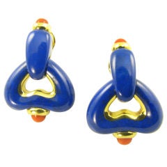 ANGELA CUMMINGS stylish gold, lapis lazuli & coral earrings.