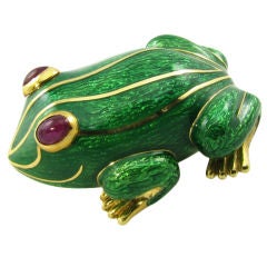 DAVID WEBB whimsical gold, green enamel and ruby frog brooch.