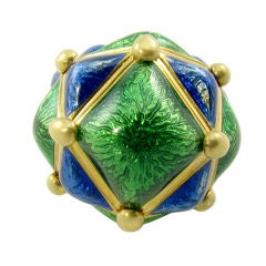 A chic yellow gold, blue and green enamel dome shaped ring