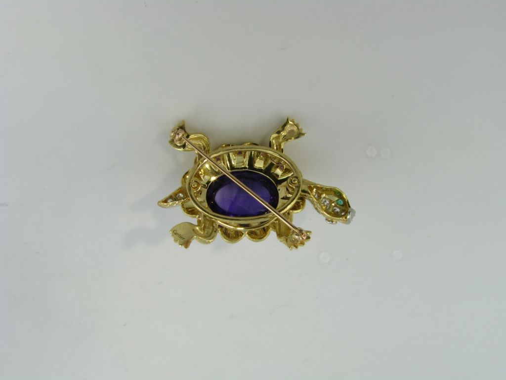 CARTIER whimsical amethyst, diamond, & emerald turtle brooch. 1