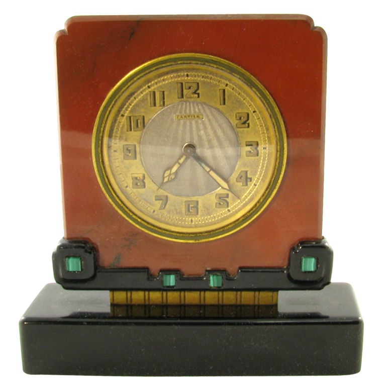 CARTIER Art Deco jasper, black onyx and malachite clock. at 1stDibs