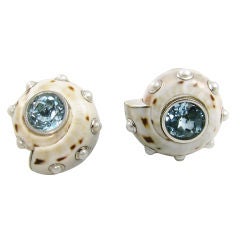 TRIANON chic gold, shell, aquamarine and pearl earrings.