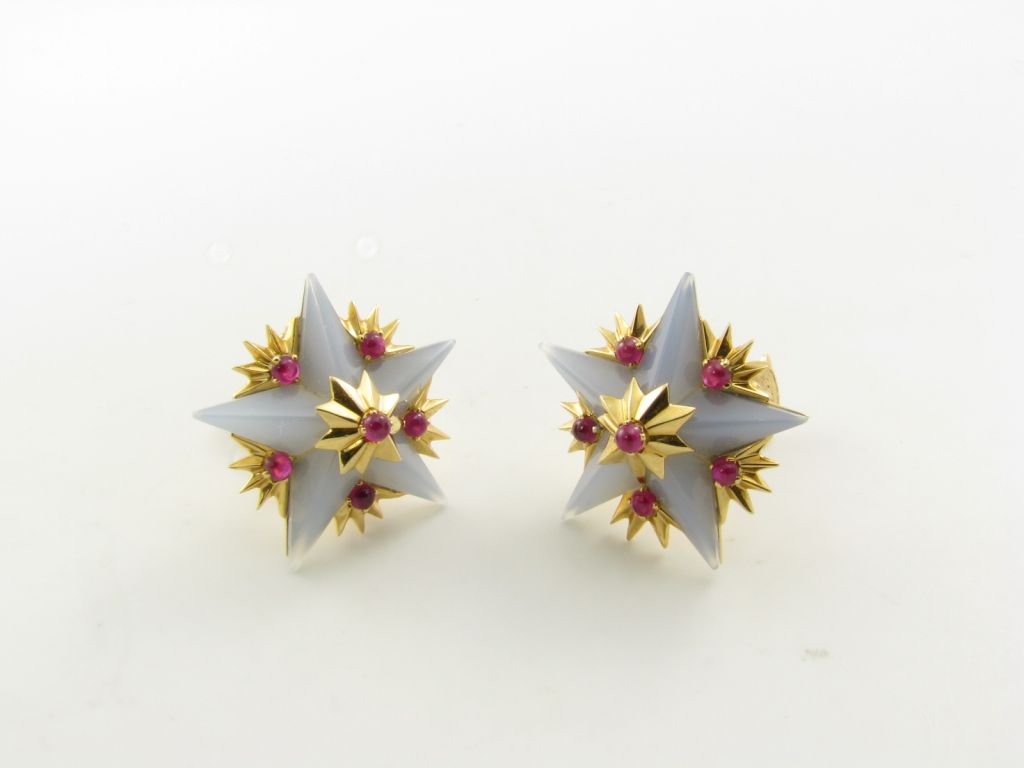 TIFFANY & CO. SCHLUMBERGER gold, chalcedony & ruby earrings.