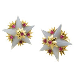 TIFFANY & CO. SCHLUMBERGER gold, chalcedony & ruby earrings.