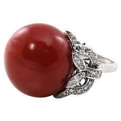 A fabulous coral, diamond and white gold cocktail  ring.