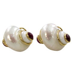 SEAMAN SCHEPPS classic shell, ruby and gold earrings.