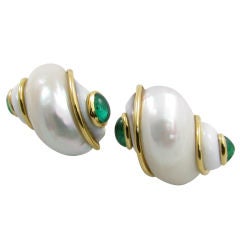 SEAMAN SCHEPPS classic shell, emerald and gold earrings.