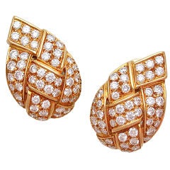 French 18kt Gold & Diamond Basketweave Earclips