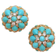 French Turquoise & Diamond Crown Earclips