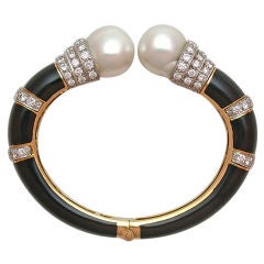Vintage DAVID WEBB Cultured Pearl and Diamond Cuff Bangle