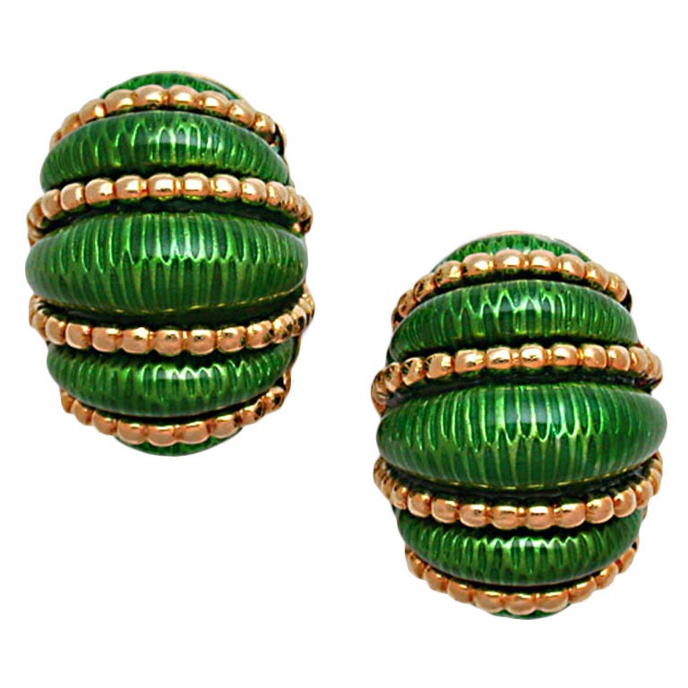 CARTIER Gold & Green Enamel "Shrimp" Earclips