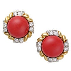 Turi 18kt Gold, Coral & Diamond Button Earclips