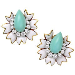 David Webb White Enamel, Turquoise & Diamond Floral Earclips