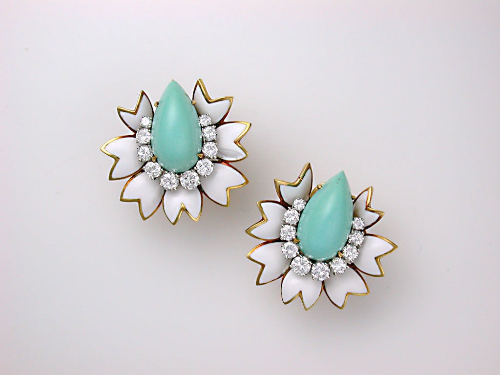 The lovely floral earclips centering pear-shaped robin's egg blue turquoise cabochons cradled in circular-cut diamond cups (20 stones weighing approximately 4 carats total) within opaque white enamel and yellow gold petals, signed Webb for David