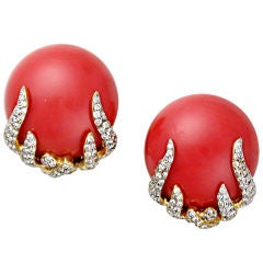 Gold, Coral & Diamond Button Earclips