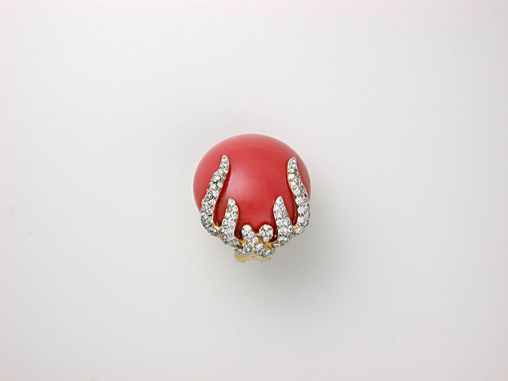 Women's Gold, Coral & Diamond Button Earclips