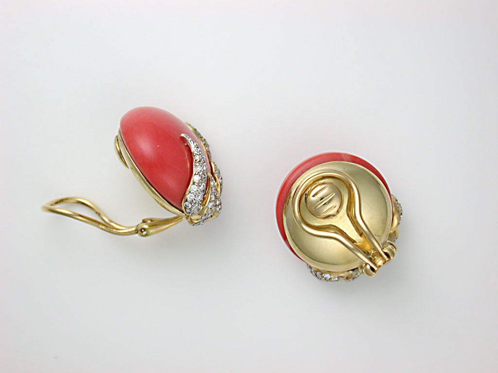 Gold, Coral & Diamond Button Earclips 1