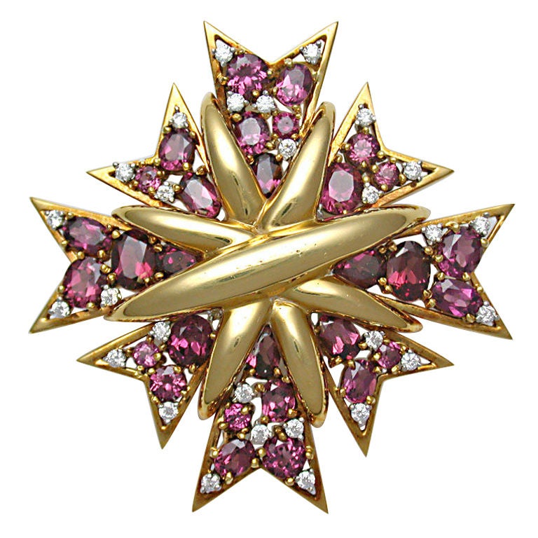 VERDURA Rhodolite Garnet & Diamond "Maltese Cross" Brooch For Sale